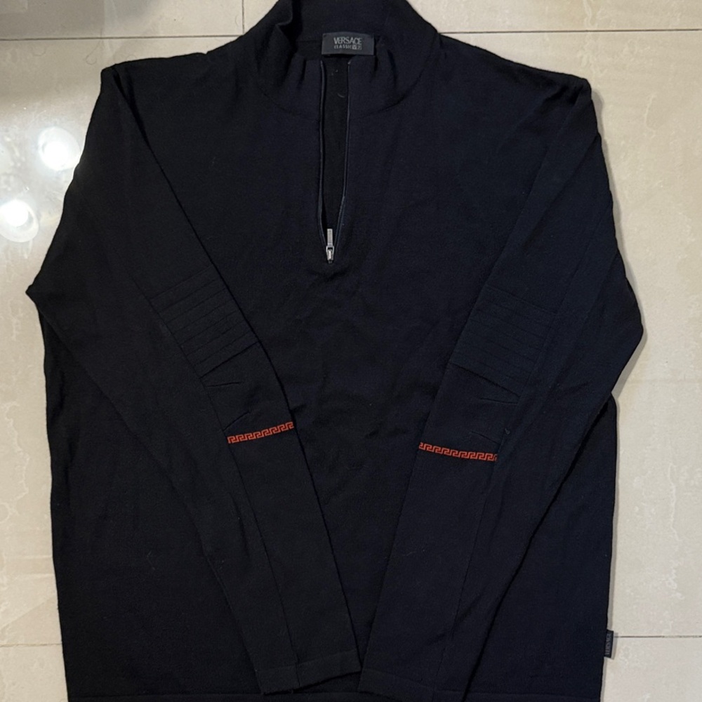 VINTAGE Versace Black and Red Zip-Up Sweater